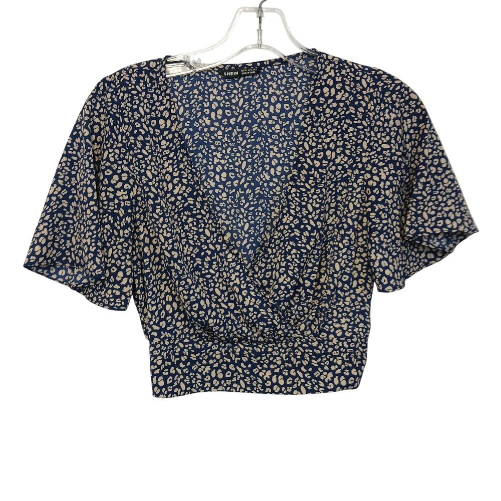 SHEIN Womens XS Blue Animal Print Surplice Wrap V Neck Crop Top Blouse